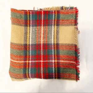 Huge Tan Red Green Plaid Blanket Scarf Fringe